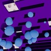 Dynamic abstract design with blue spheres floating on a geometric purple background.